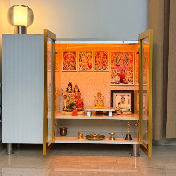 Mini Pooja Setup with Fluted glass door and panels & orange light