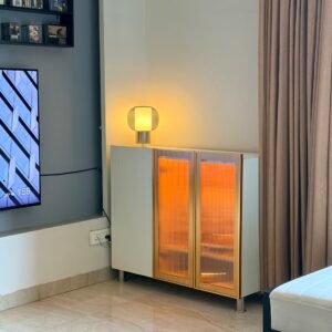Mini Pooja Setup with Fluted glass door and panels & orange light - Image 3