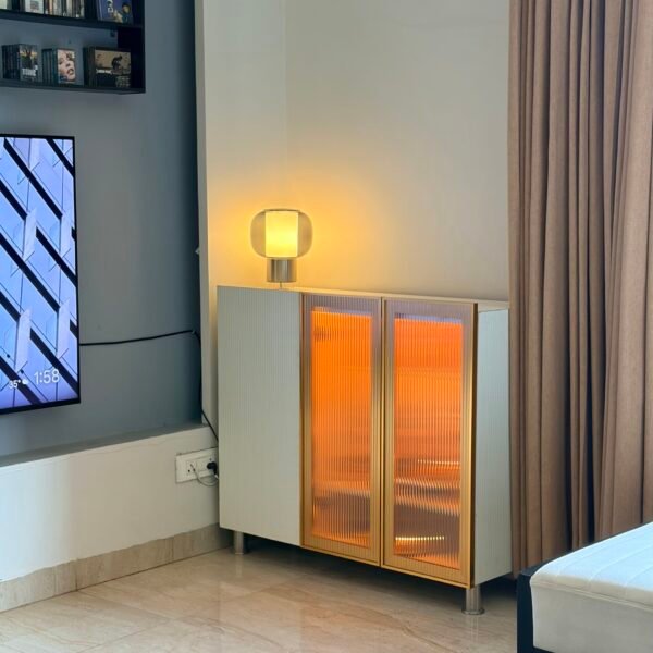 Mini Pooja Setup with Fluted glass door and panels & orange light