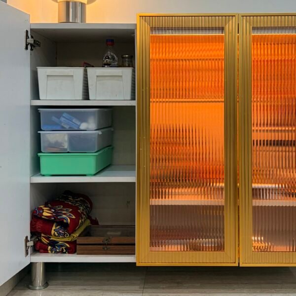 Mini Pooja Setup with Fluted glass door and panels & orange light