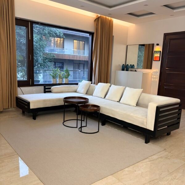 Spacious 6 seater off white sofa with black frame