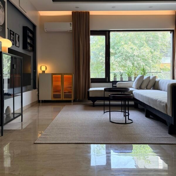 Minimalist textured beige rug from IKEA