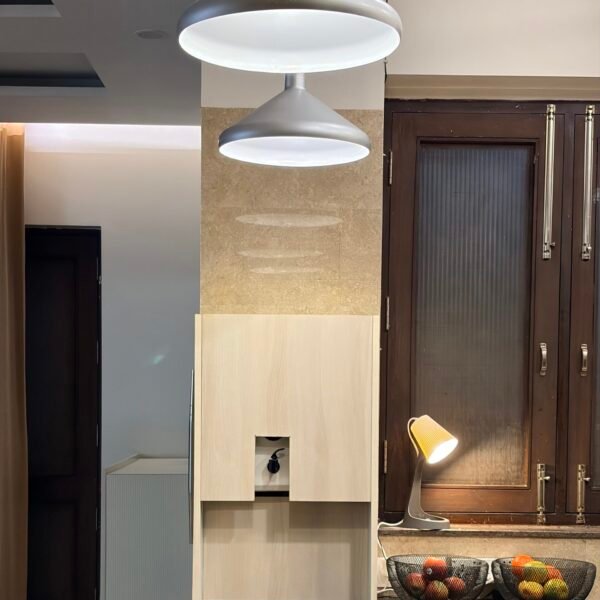 Pendant lamp in aluminium and wood finish with colour changing bulbs